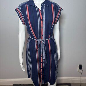 Stripped Navy Blue, Pink and White Midi Dress